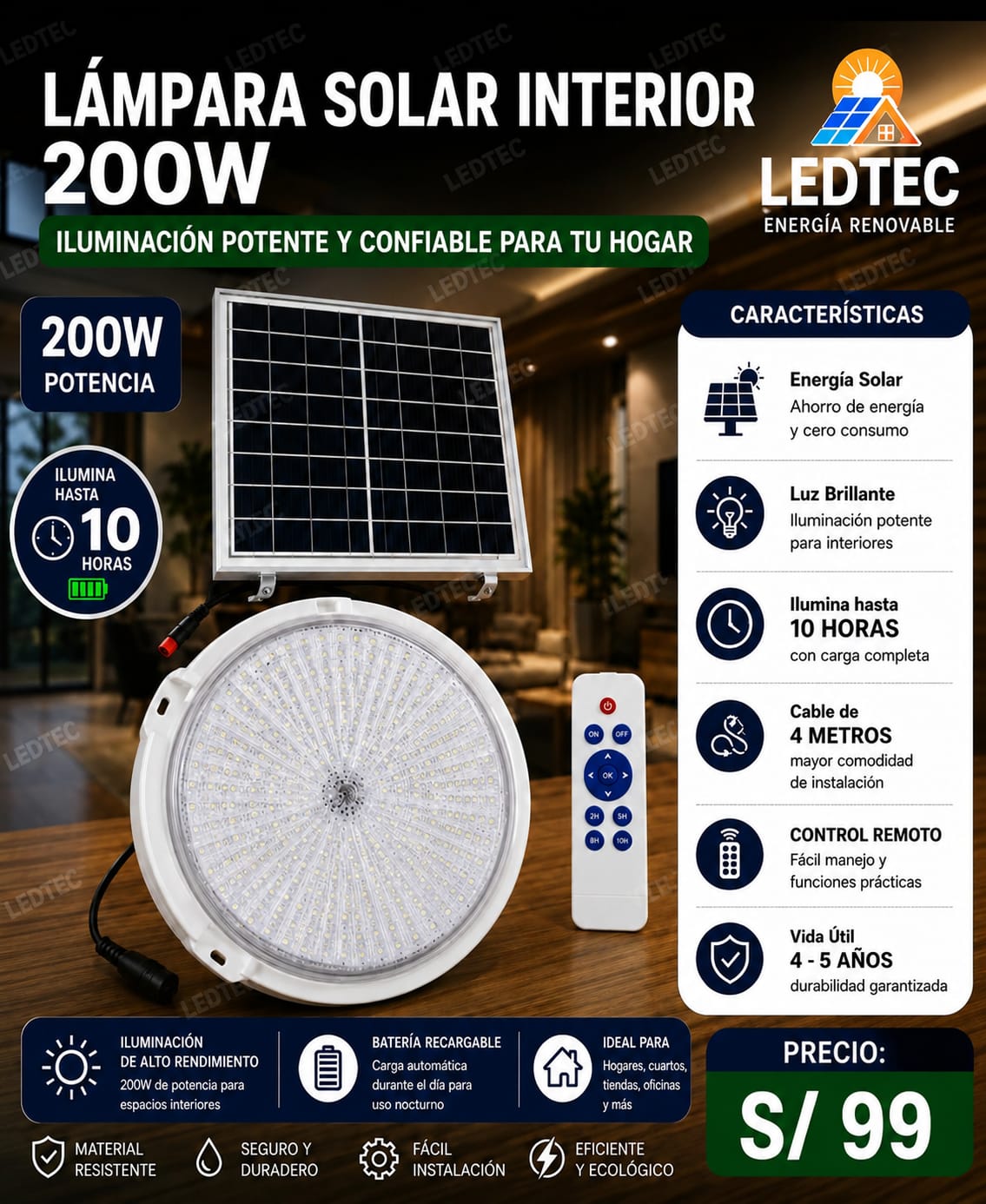 Lampara Solar de Interiores 200w