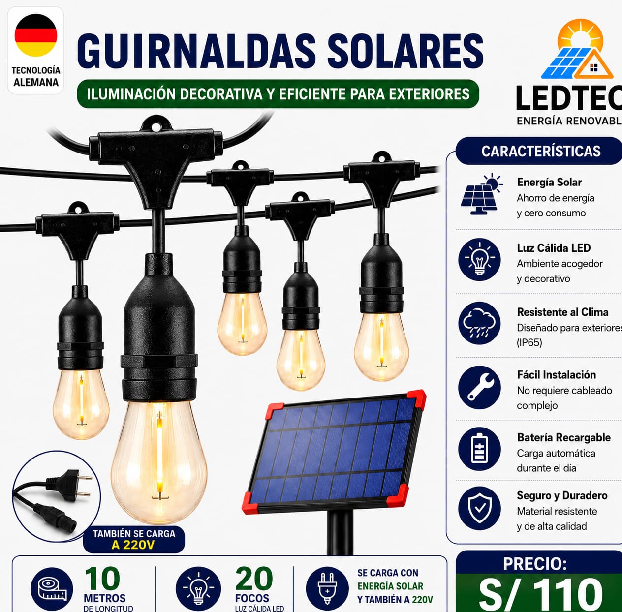 Guirnaldas Solares 10m 20 focos