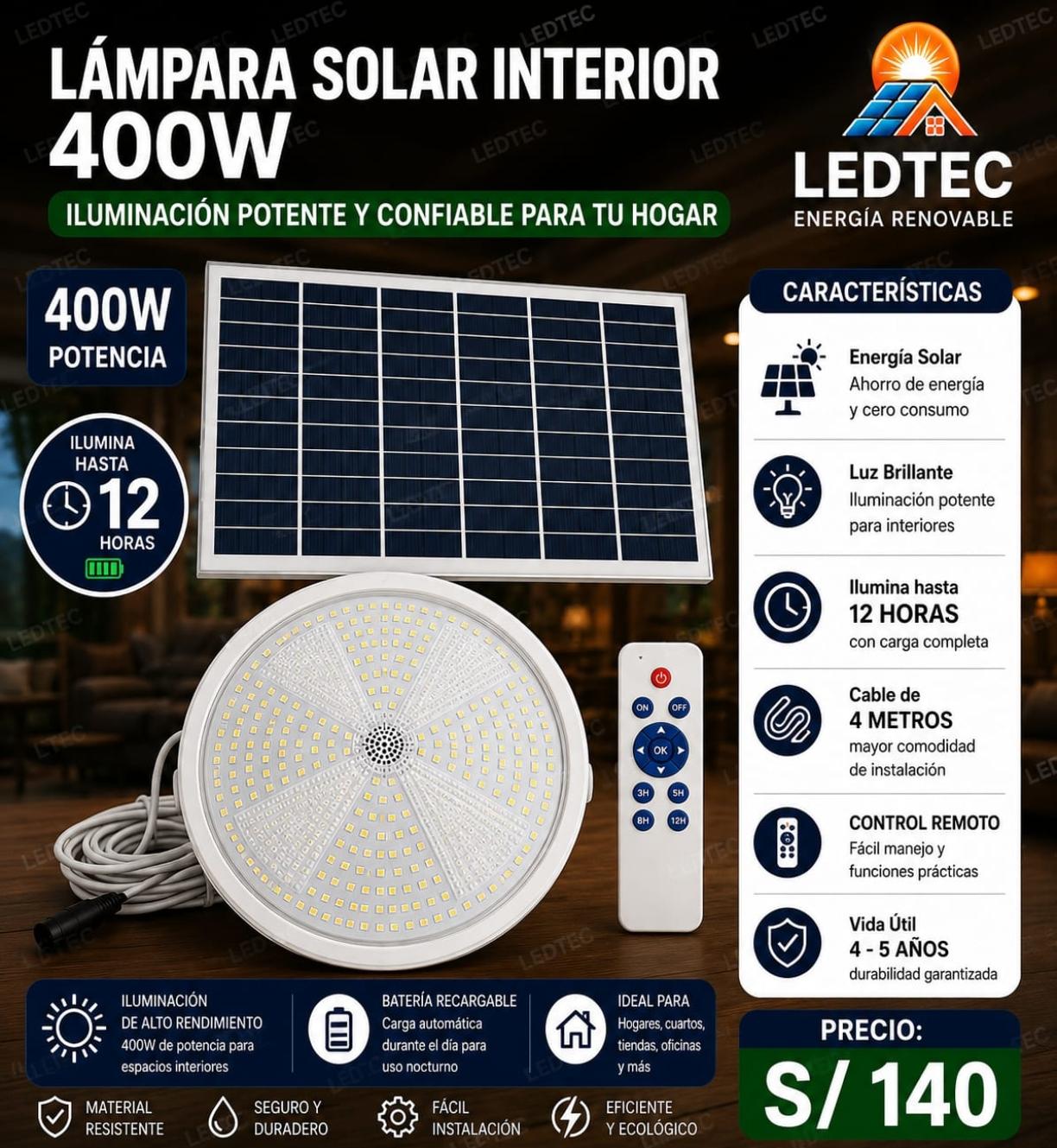 Lampara Solar Para Interior 400w