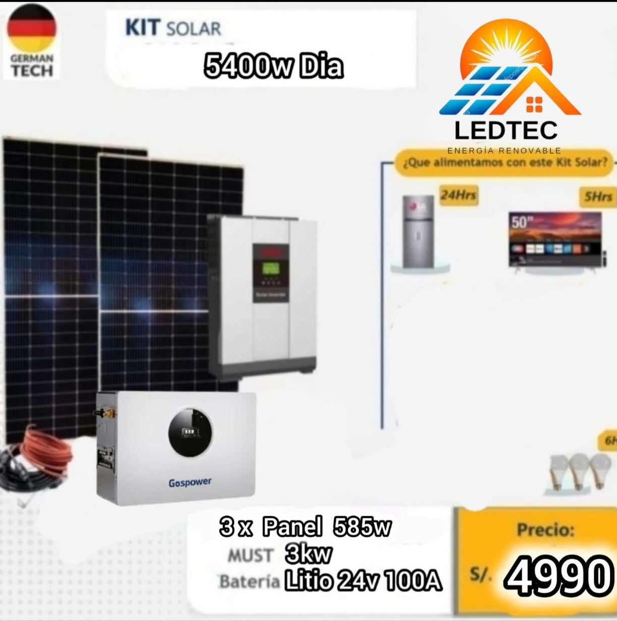 Kit Solar 5400w Para Refrigeradora 24h Litio