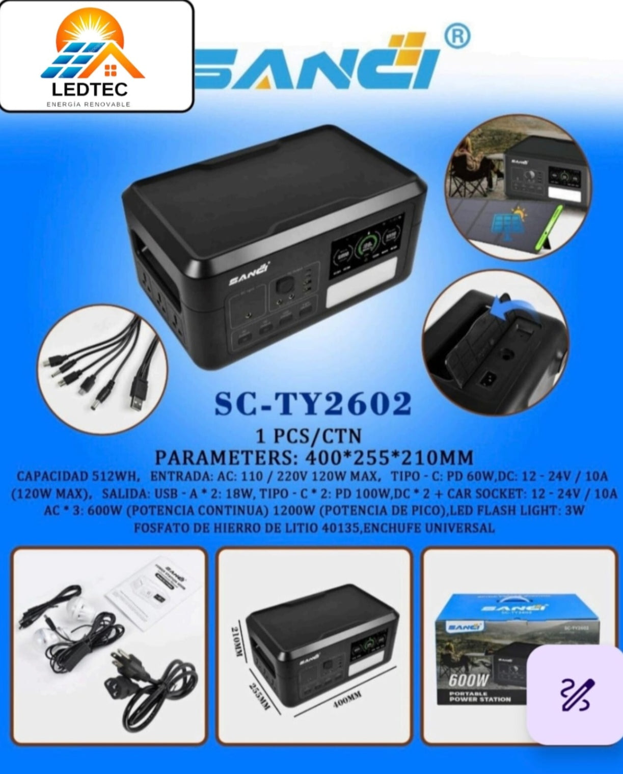 Kit Litio 600w + Panel 100w plegable Portátil